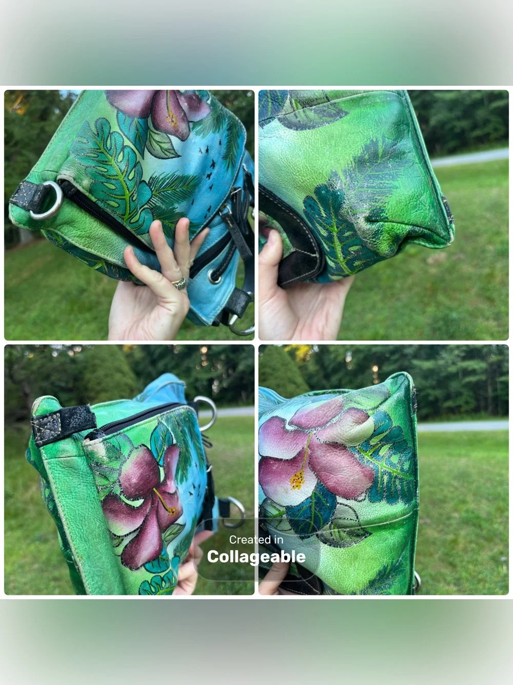 Vintage Original by Sharif 1827 Hand Painted Leather Parrot Tropical Satchel